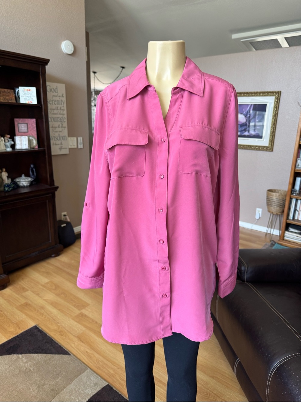 Denim & Co pink long roll tab sleeves button up the front shirt-size M